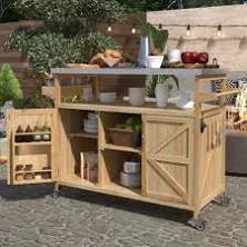 Outdoor Kitchen Island Rolling Bar Cart with Storage Cabinet and Stainless Steel Top and Spice Rack Towel Rack
