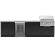 Outdoor Kitchen Stainless Steel 7 Piece Cabinet Set with 3-Drawer, Bar, Grill Cabinet, Performance Grill, Countertops, and Glass Door Fridge, Matte