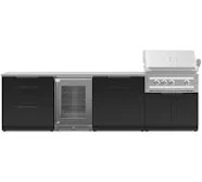 Outdoor Kitchen Stainless Steel 7 Piece Cabinet Set with 3-Drawer, Bar, Grill Cabinet, Platinum Grill, Countertop, and Glass Door Fridge