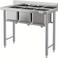 DEXSO Stainless Steel 3 Compartment Sink Freestanding Commercial Sink, Prep & Utility Sink for Restaurant, Laundry, Garage, Workshop Sink with Legs,