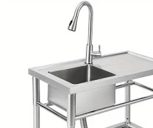 Stainless Steel Commercial Kitchen Sink Prep Table with Faucet, Single Compartment, Mobile Design on Wheels for Easy Installation, Durable & Stylish