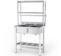 67 inch Double Bowls Commercial Stainless Steel Sink Kitchen with Shelves - 35.8