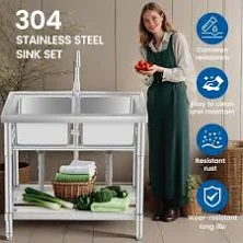 Outdoor sink station, Outdoor kitchen sink, Stainless Steel Utility Sink with Cold/Hot Water Pipe, Outside sinks, Free Standing Single Bowl Kitchen