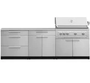 Outdoor Kitchen Stainless-Steel 5 Piece Cabinet Set with with 3-Drawer, Bar, Grill Cabinet, Platinum Grill and Countertop, Stainless Steel / 40 in.