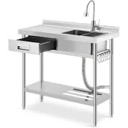 Freestanding Stainless Steel Utility Sink with Workbench,Left Drawer,39