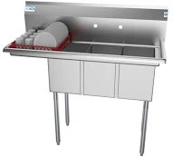 45 in. Three Compartment Stainless Steel Commercial Sink with Drainboard, Bowl Size 10